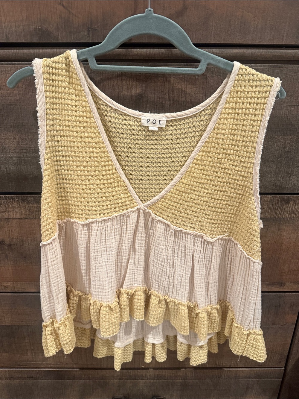 POL Yellow and Cream Textured V-Neck Sleeveless Tank